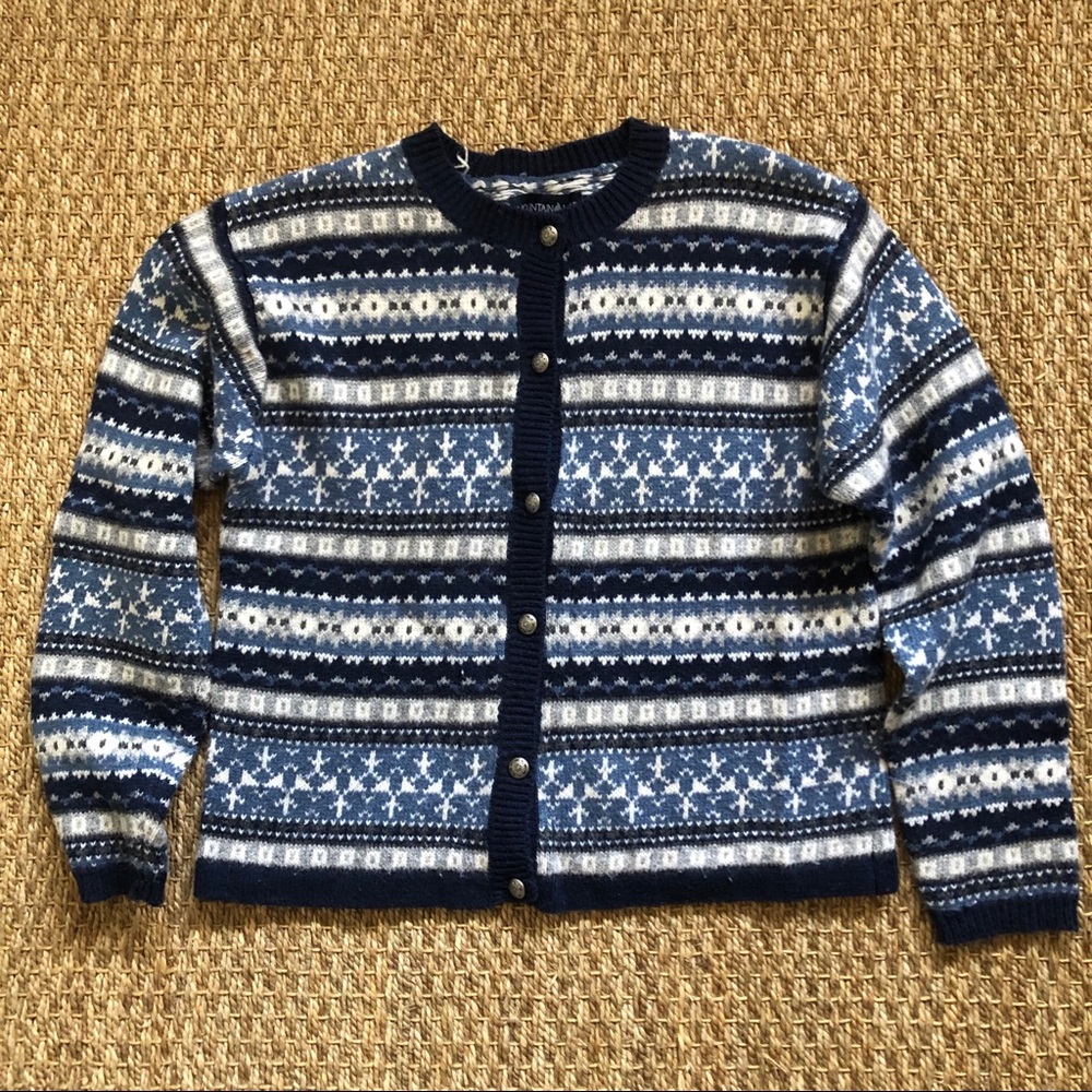 Mtn Lake cardigan in blues/creams & silver buttons